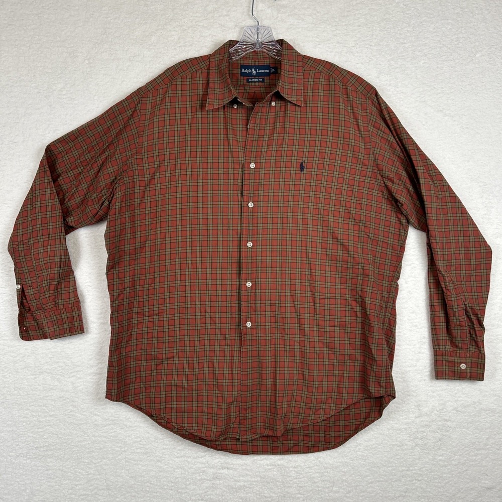 Ralph Lauren Shirt Mens L Orange Green Plaid Check Cotton Oxford OCBD Button Up